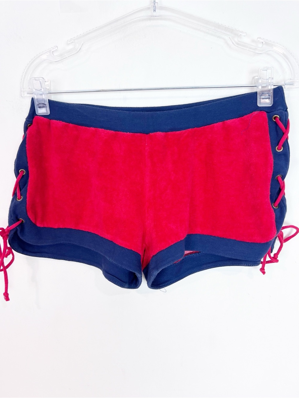ELLA MOSS RED NAVY TRIM TERRY CLOTH SHORTS LACING ON SIDES SZ LARGE